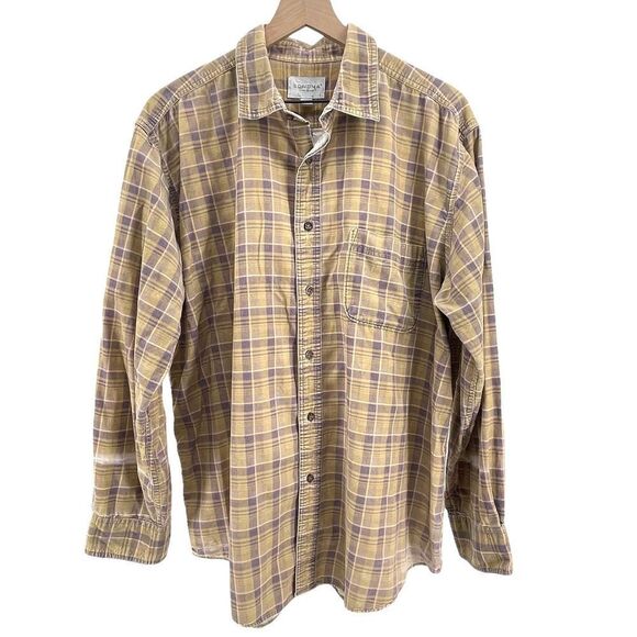 Corduroy Button Up Shirt Long Sleeve SUPER Distressed Tan Lavender Plaid | Large - Picture 5 of 9